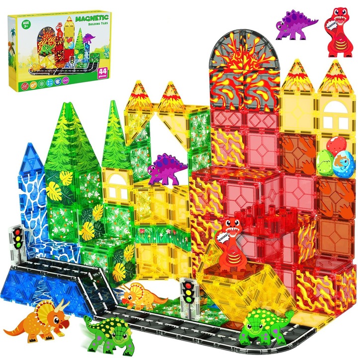 Baowor® Set Inteligent de Constructii Magnetice 54 pcs cu Tema Dinozauri Vulcan Padure si Sosea Joc de Constructie Magnetic Jucarie Educativa Montessori activitati pentru Copii jocuri jucarii Set Piese Magnetice Marite Sigure Compatibil Cadou STEM