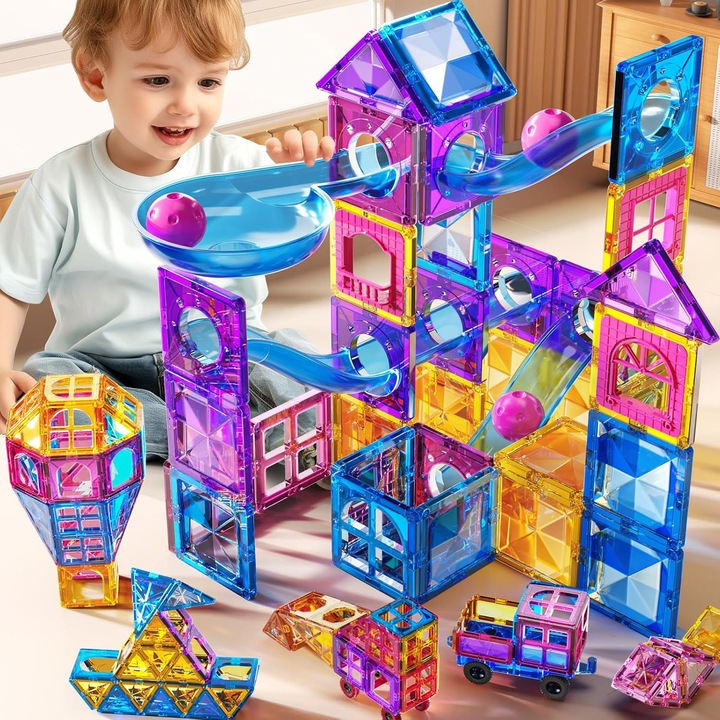 Baowor® Set Inteligent si Creativ Magnetic 3D 50 Piese Pista de Bile Fereastra Joc de Constructie Traseu cu Bile, Numeroase Posibilitati de Construit, STEM, Educativ si Creativ 3 ani+