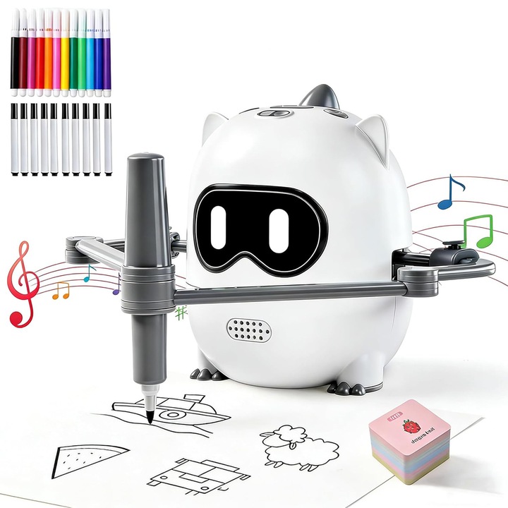 Baowor® Robot Interactiv Educativ pentru Desen cu 100 Carduri Set jucarie Montessori muzica Complet cu 12 Markere Tabla Reutilizabila, Alb
