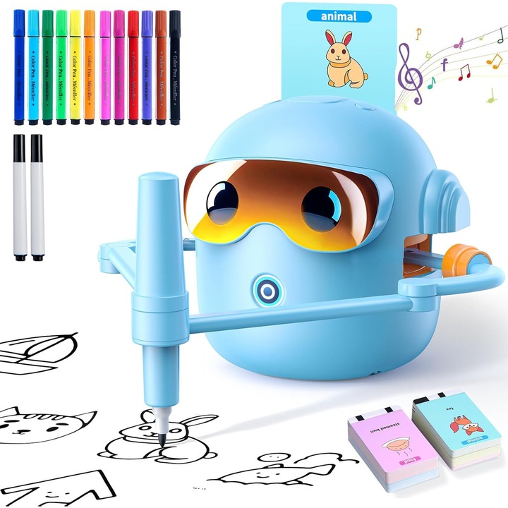 Baowor® Robot Interactiv Educativ pentru Desen cu 100 Carduri Set jucarie Montessori muzica Complet cu 12 Markere Tabla Reutilizabila, Albastru