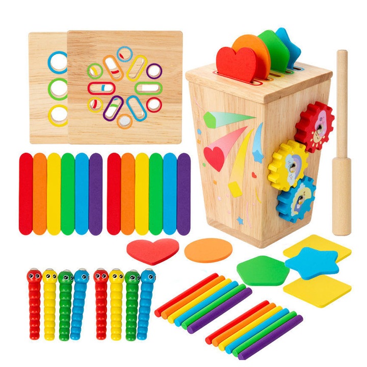 Baowor® Jucarie Educativa Montessori din Lemn 5 in 1，Dezvoltarea Abilitatilor Motrice, Coordonarii Sau Atentiei, pentru Baieti si Fete, 3-5 Ani, Multicolor