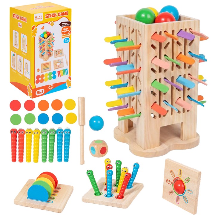 Baowor® Montessori 5 az 1-ben oktató fajáték 4 játékmód Torony színes darabok Golyók Formák Kalapács formák és színek szortírozása interaktív gyermekjáték