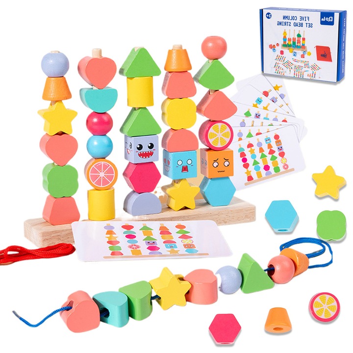 Baowor® Montessori oktatójáték gyerekeknek, 2 az 1-ben tárolótáskával, fa gyöngyös játékok, formák, színek illesztése, montessori tevékenységek, interaktív intelligens játék, szenzoros játék, játék gyerekeknek, játékok 36 hónapos kortól+