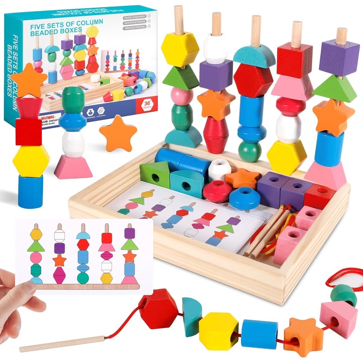 Baowor® Jucarie Educativa Montessori pentru copii Set de secventiere cu margele din lemn mici stivuitor de forme de culori potrivite montessori activitati Jucarie Interactiva Intelligenta jucarie senzoriala Joc pentru Copii jocuri jucarii 36 luni+