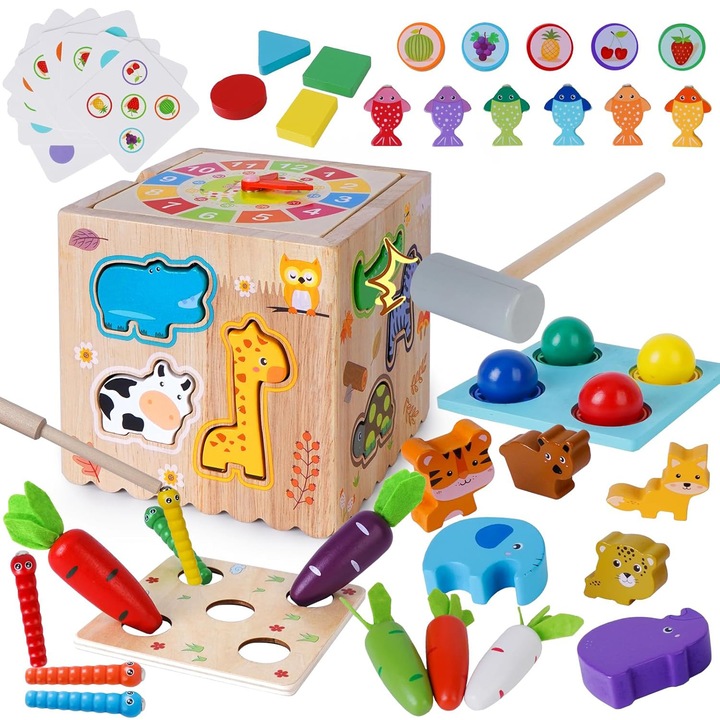 Baowor® Montessori oktatójáték gyerekeknek, fából készült tevékenységi kocka, 8 az 1-ben elfoglalt játszóközpont babáknak, oktatójáték, interaktív intelligens játék, szenzoros játék, játék gyerekeknek, játékok fiúknak és lányoknak 36 hónapos kortól