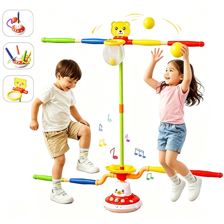 Baowor® Jucarii exterior Jucarie Interactiva 5 in 1 Lansator de Rachete, Aruncare Inele si Joc Sarituri, Cu Telecomanda si Muzica, educativa Montessori pentru jucarii baiat fete jucarii copii 3-10 ani, Multicolor