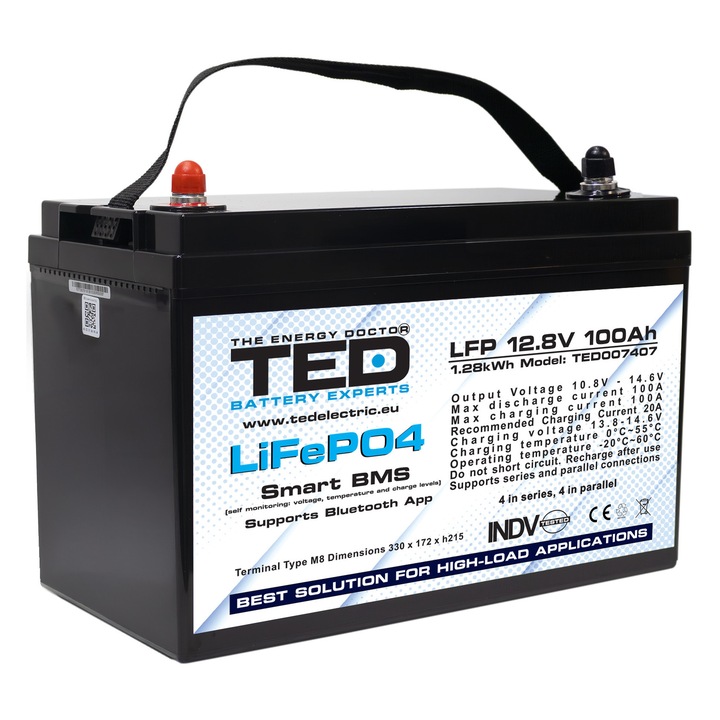 Acumulator LiFePO4 12.8V 100Ah 1280Wh Multifunctional cu Smart BMS si Monitorizare prin Aplicatie – TED Electric