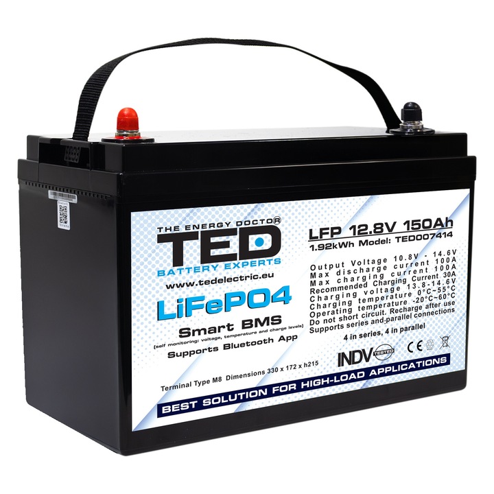Acumulator LiFePO4 12.8V 150Ah 1920Wh Multifunctional cu Smart BMS si Monitorizare prin Aplicatie – TED Electric