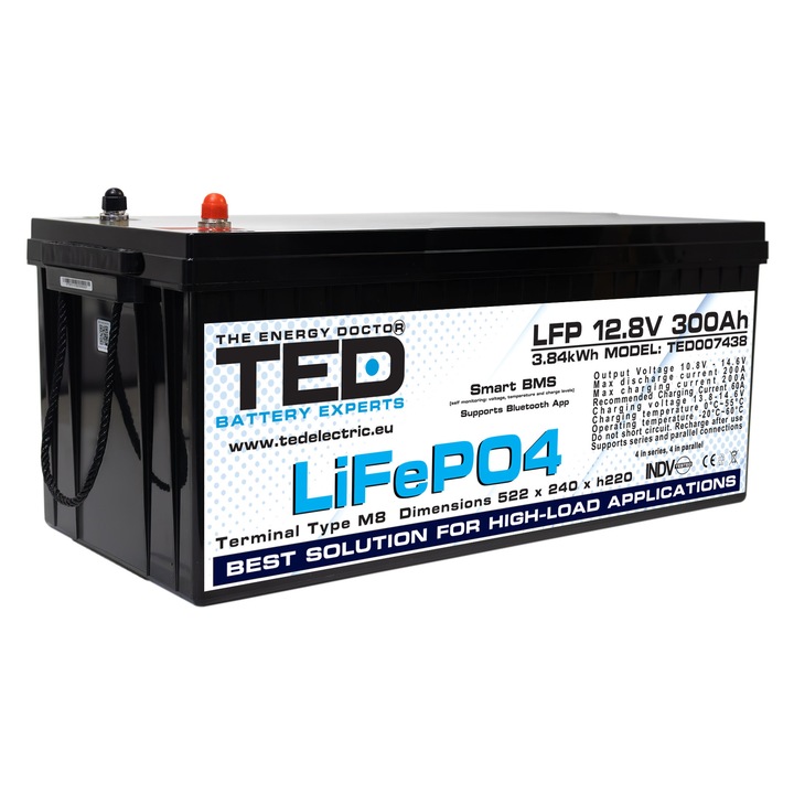 Acumulator LiFePO4 12.8V 300Ah 3840Wh Multifunctional cu Smart BMS si Monitorizare prin Aplicatie – TED Electric
