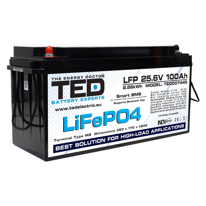 Acumulator LiFePO4 25.6V 100Ah 2560Wh Multifunctional cu Smart BMS si Monitorizare prin Aplicatie – TED Electric