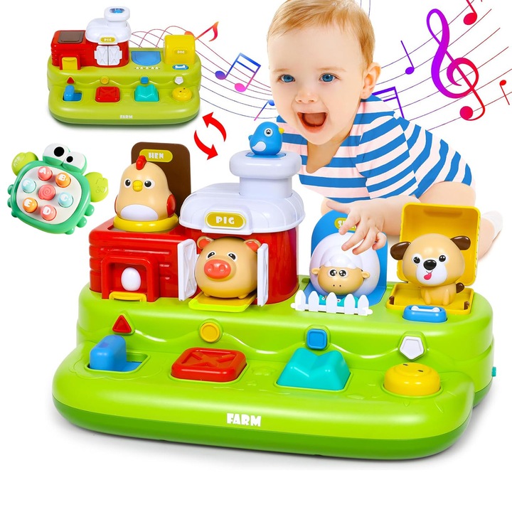 Baowor® Zenélő Pop Up Oktatójáték Farm Állatokkal és Üsd a Vakondot Montessori Játék Babáknak, Interaktív Baba Játék, Érzékelő Játék Két Mód Hangokkal és Fényekkel, Finommotoros Készségek Fejlesztése 1-3 Éveseknek, Zöld