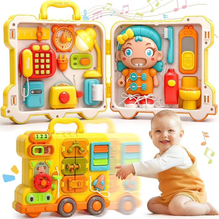 Baowor® Panou cu Activitati Montessori BusyBoard Jucarie Interactiva si Educativa pentru Bebelusi Material ABS Ingrosat Sigur si Durabil cu Lumini Sunete Muzicale si Design Portabil Maner Jucarie Muzicala Bebelusi Jucarie Bebelus Ideala Cadou 1-3 Ani