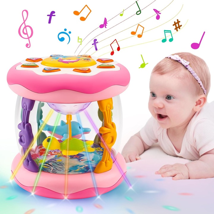 Baowor® Jucarii Luminoase pentru Bebelusi Tambur Proiectie Muzical Oceanic cu Rotatie 360 Grade 8 Tipuri Lumini Sunete 8 Instrumente 10 Cantece Jucarie Interactiva Material ABS 12-36 Luni Roz