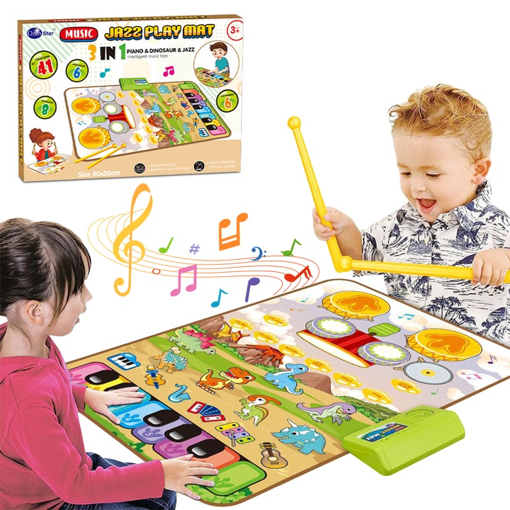 Baowor® Interaktív Oktató Zenei Szőnyeg Gyerekeknek, Montessori Tevékenységek, Dinoszaurusz Téma Zongorával és Dobokkal, Állathangok, Biztonságos és Tartós Anyag, Nagy Méret, Többszínű