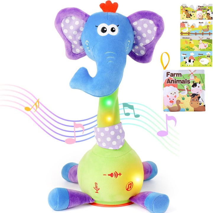 Baowor® Beszélő és Táncoló Elefánt Játék Lengő Orrral, 10 Dal, Hangfelvétel, LED Fények, Puha Anyag, Biztonságos Babáknak, Interaktív Bébijáték, Zenei Bébijáték, Montessori Tevékenységi Játék, Gyerekeknek 3+ Hónapos Kortól, Kék