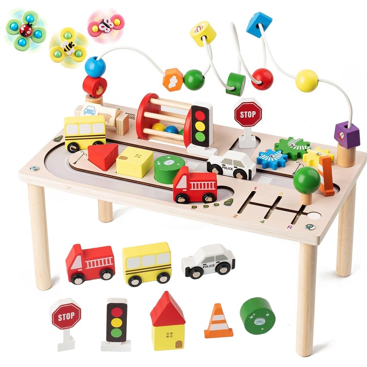 Baowor® Jucarie Educativa Montessori Masuta Interactiva Montessori din Lemn pentru Copii Tema Trafic cu Labirint Margele Roti Colorate Forme si Semne Rutiere Joc pentru Copii Jocuri Jucari Jucarie Inteligenta Senzoriala Dezvoltare Motricitate Fina Logica