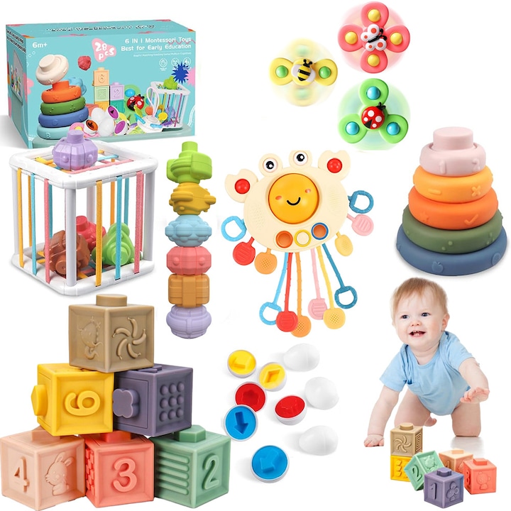 Baowor® Interaktív Montessori játék babáknak, szilikon babajáték, szenzoros játék, oktató intelligens játék, játékok gyerekeknek, Montessori tevékenységek babáknak, 6 hónapos kortól, többszínű