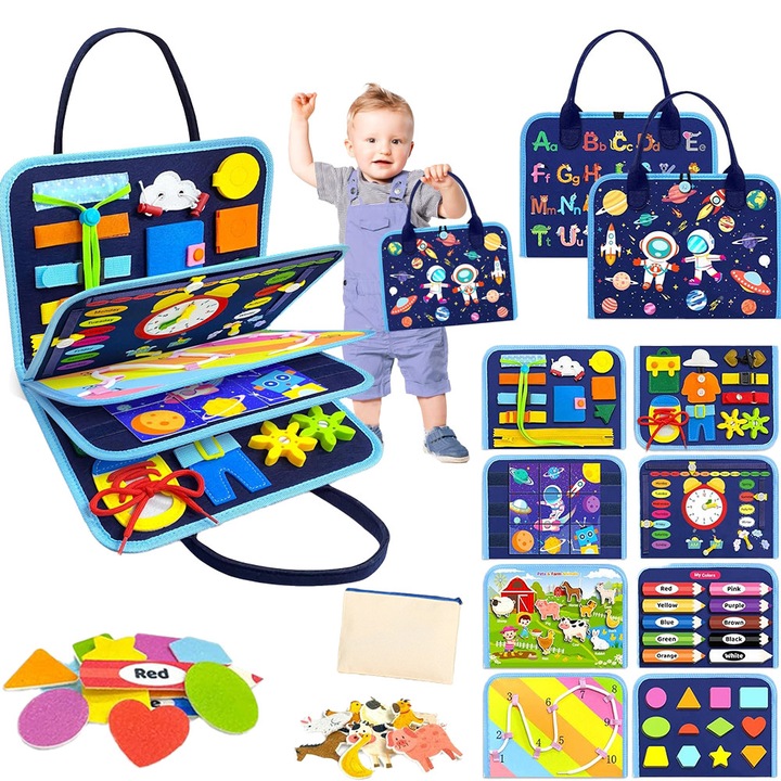Baowor® jucarii senzoriale bebelusi, jocuri educative bebe, Jucarie interactiva Montessori educationala senzoriala Busy Board 8 in 1 Activitati Jucarii de calatorie pentru autism, pentru invatarea motorii fine, Jucarii Montessori pentru 1-3 ani，Albastru