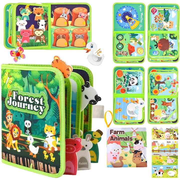 Baowor® Carte interactiva Montessori pentru bebelusi, cu activitati senzoriale, Busy Board Ferma，20-IN-1 Activitati，jucarie educativa pentru calatorii, Dezvoltarea Abilitatilor Motrice si Atentiei, cadou pentru jucarii bebe，fete si baieti, Verde