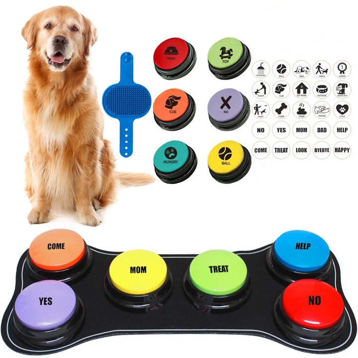 Baowor® Set 6 Butoane Inregistrabile Jucarie Caine Jucarie Interactiva Caini Jucarii Animale Dresaj Animale Dresaj Caine cu Perie Masaj si mata activitati Cauciuc Inregistrare 30 Secunde ABS Plastic Durabil Autocolante Personalizabile Multicolor