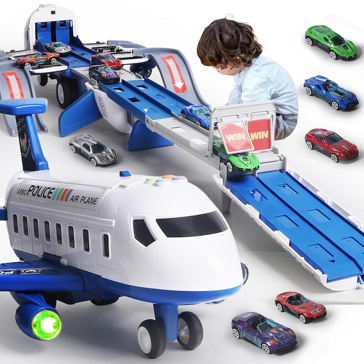Baowor® avion， jucarie avion Set Avion Interactiv de Jucarie Jucarie Educativa Avion Transformabil cu 4 Pista 6 Masinute Metalice Sistem Lansare Arc LED-uri Sunete Alb/albastru 3 ani+