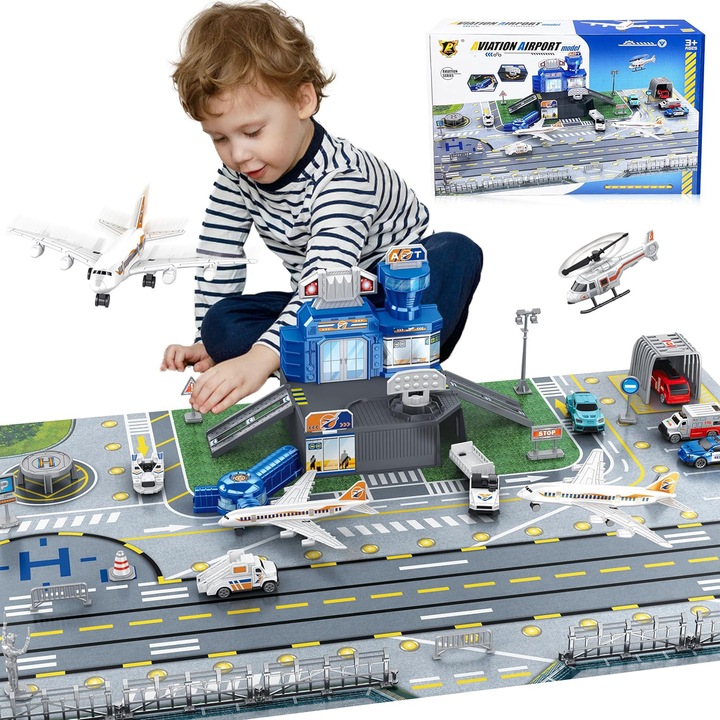 Baowor® Set Avion Interactiv de Jucarie Educativa Set Aeroport 33 pcs cu Avioane Masini Harta Copii Joc Cel mai bun cadou pentru baieti si fete peste 3 ani