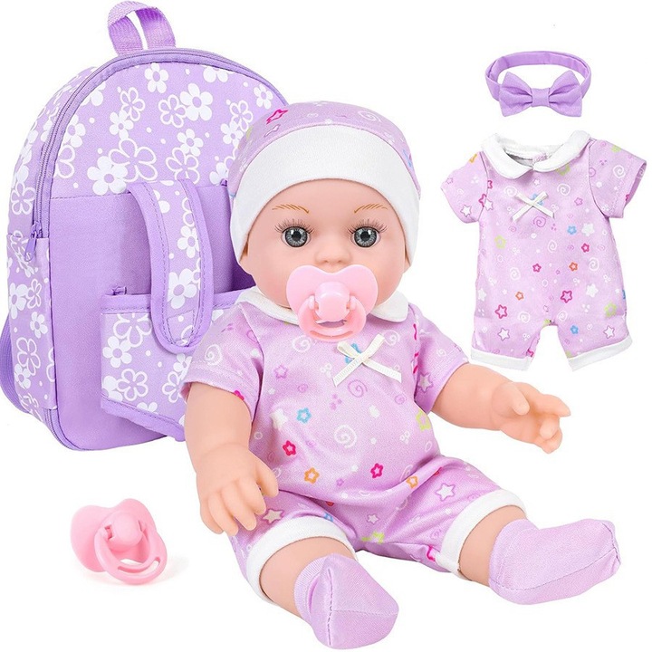 Baowor® Papusa bebelus/bebelusi simulata renascuta Realizata Manual cu Piele Realista Ochii Acrilici Mari Papusa Papusica Papusile Papusi Jucarie Educativa Montessori activitati Jucarie Interactiva Joc pentru Copii Jocuri Jucarii Rucsac cu Fiori Violete