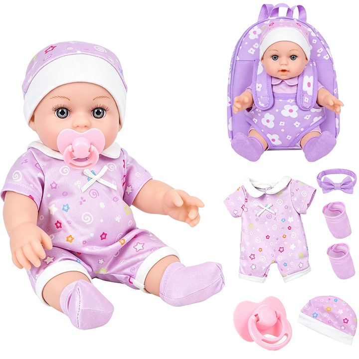 Baowor® bebelusi jucarie, Papusa bebelus, cu hainute detasabile, Biberon, Rucsac, Aspect realist, Ajustabil prin rotire, Moale si neteda, Sigur si durabil, Educatie interactiva, joc de rol,30cm, cadoul perfect pentru copii 3 ani+