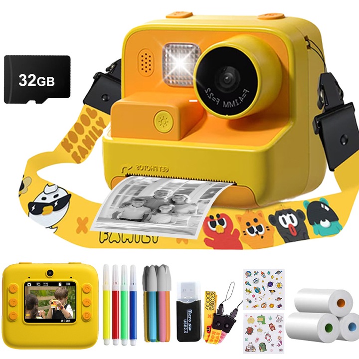 Baowor® Camera Foto copii instant pentru Copii K27 - 48MP Full HD 1080P 32GB 3 Rulouri Hartie 25 de filtre de desene animate 2 autocolante 1 cititor de carduri 4 pixuri colorat jocuri jucarii jucarie interactiva Educativa joc pentru copii 3 ani+ Galben