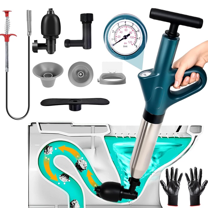 Baowor® Desfundator de scurgere cu desfundator de toaleta Desfundator de scurgere de inalta presiune - cu manometru de aer in timp real din otel inoxidabil 6 accesorii pentru toaleta canalizare dus bucatarie cada desfundator de scurgere blocata ABS