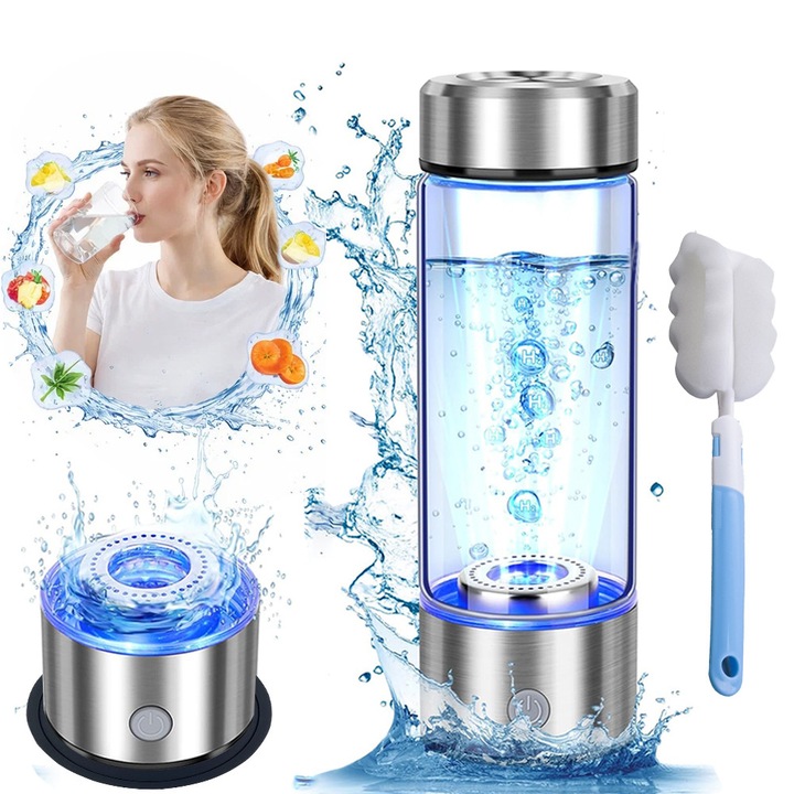 Baowor®Sticla Generator de Apa Hidrogenata/ionizata, ionizare, hidrogen molecular, plasma ，reincarcabila，Concentratie Hidrogen 3000PPB, apa terapeutica, sanatoasa, Filtrare si Alcalinizare, 420 ml, Led, USB, Portabila, Pentru copii si adulti, argint