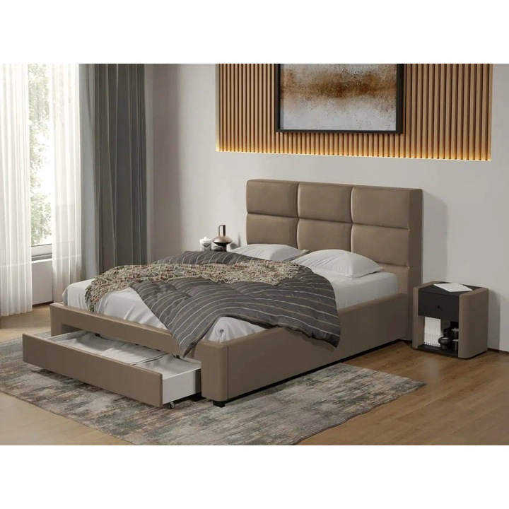 Pat tapitat Cico cu Sertar, 170x114, din piele/stofa, C1, Bej/Nube 11