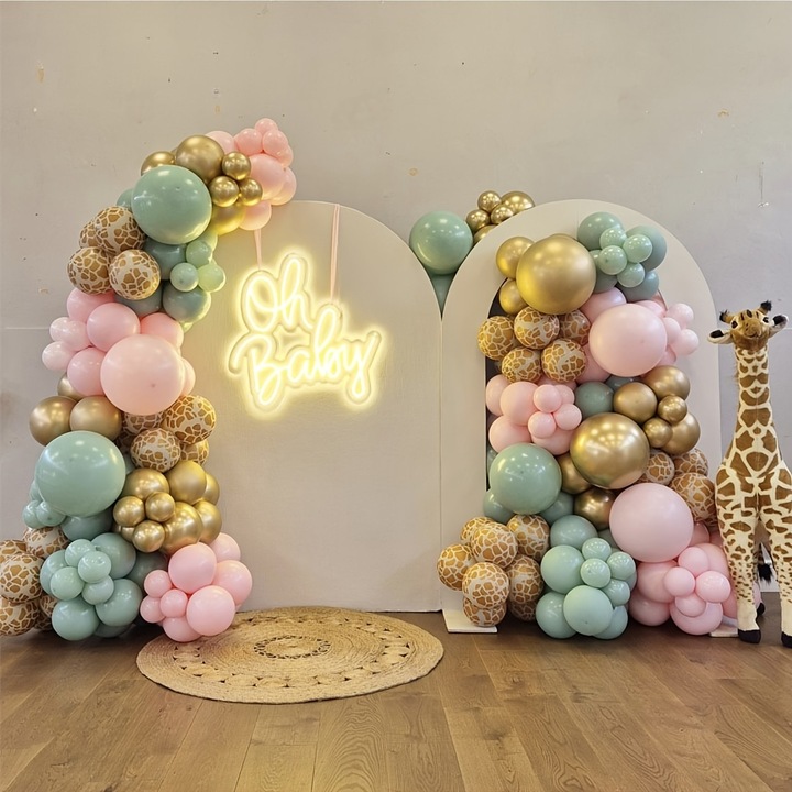 Декоративен комплект балони, тема джунгла, принт жирафи, пастелно розово, зелено, златисто, различни размери