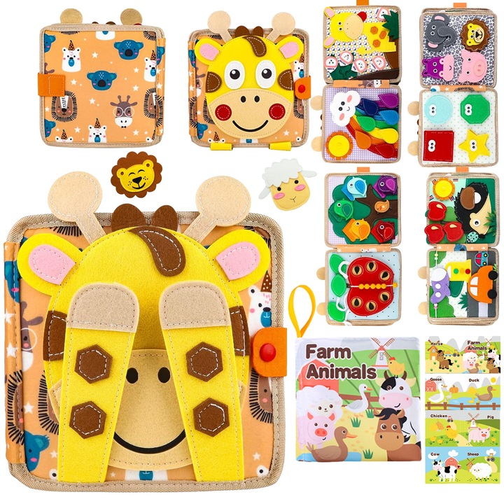 Baowor® Carte interactiva Montessori pentru bebelusi, cu activitati senzoriale, Busy Board Ferma， jucarie educativa pentru calatorii, Dezvoltarea Abilitatilor Motrice si Atentiei, cadou pentru jucarii bebe，fete si baieti, Galben