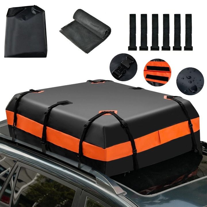 Autó tetőcsomagtartó táska, Bedee, 600L, vízálló, fekete/narancssárga, 132x100x43cm, szett 6 ajtóhoroggal, 10 rögzítőszíjjal