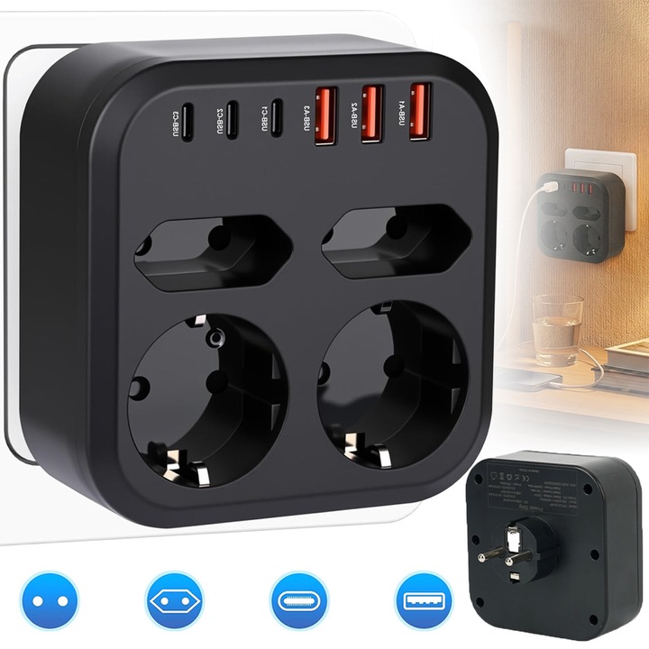 Priza multipla, 10 in 1, 2 prize AC, 3 USB-A, 3 USB-C, protectie la suprasarcina, negru, 10x10x4.2cm