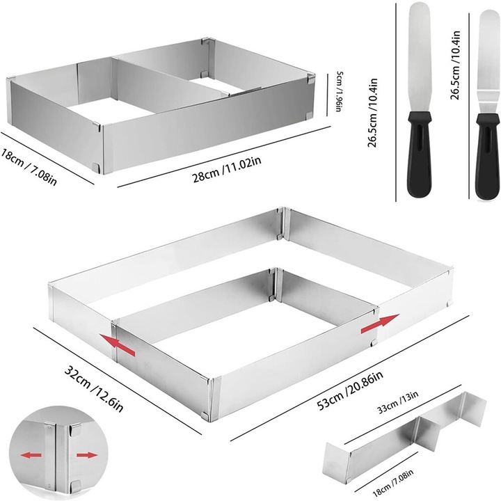 Cadru de copt rectangular ajustabil cu separator, Bedee, 1 cadru, 2 spatule, inox, argintiu