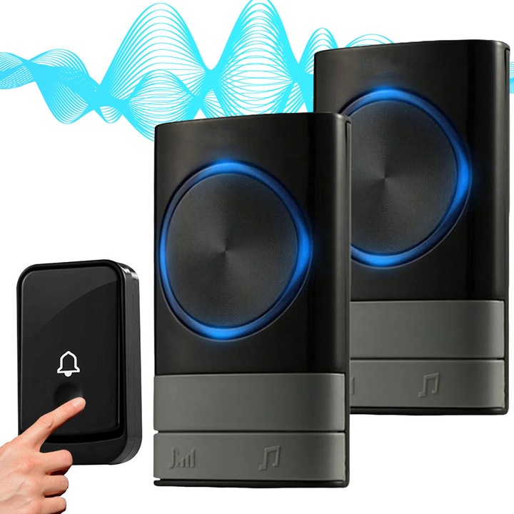 Set sonerie, Bedee, sonerie wireless impermeabila, 1 transmitator si 2 receptoare, 45 tonuri de apel, 4 niveluri de volum, sonerie fara fir, negru