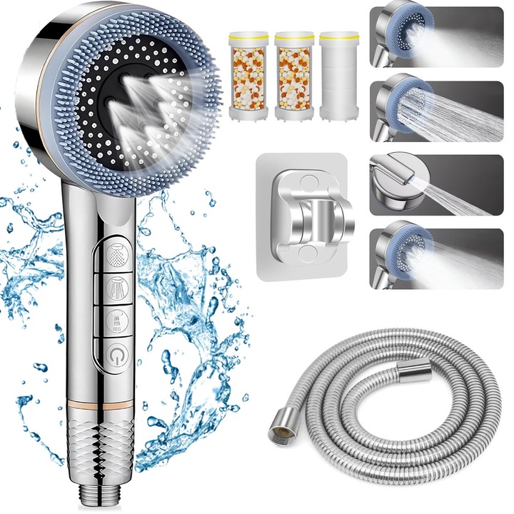 Cap de dus cu filtru, Bedee, 4 tipuri de jet, dus de mana de inalta presiune, cap de dus economic cu functie anti-calcar, cap de dus pentru economisirea apei pentru apa dura/bacterii/clor rezidual, argintiu
