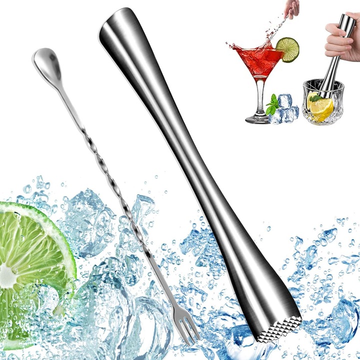 Set zdrobitor de cocktailuri, Bedee, Pisator de Mojito din otel inoxidabil cu lingura de amestecare cocktail, ciocan de gheata zdrobita folosit pentru a face cocktailuri, Mojito, sucuri, Lungime 26 cm, argintiu