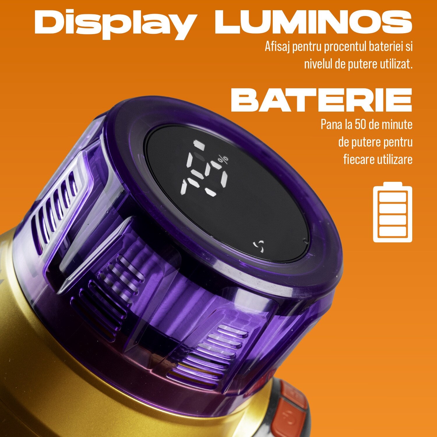 Aspirator vertical fara fir Zenkabeat XC400, 2in1: 400W Brushless, Baterie 17600 Mah, acumulator Li 29.6V, autonomie pana la 50 min, aspirator vertical sau de mana, Tub extensibil, Perie Led, rezervor praf 0.8 l, 30kPa, filtru HEPA, Negru/Violet
