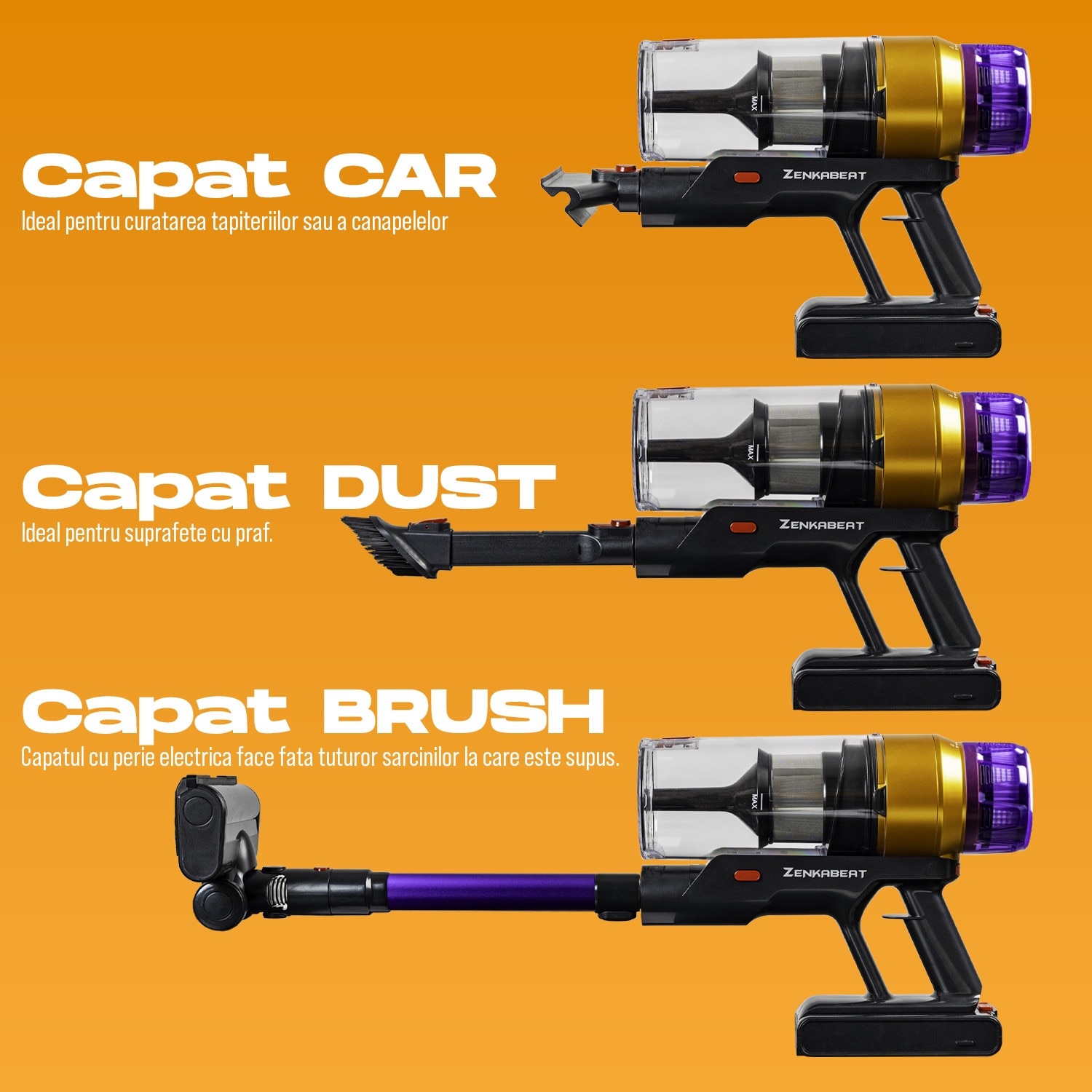 Aspirator vertical fara fir Zenkabeat XC400, 2in1: 400W Brushless, Baterie 17600 Mah, acumulator Li 29.6V, autonomie pana la 50 min, aspirator vertical sau de mana, Tub extensibil, Perie Led, rezervor praf 0.8 l, 30kPa, filtru HEPA, Negru/Violet