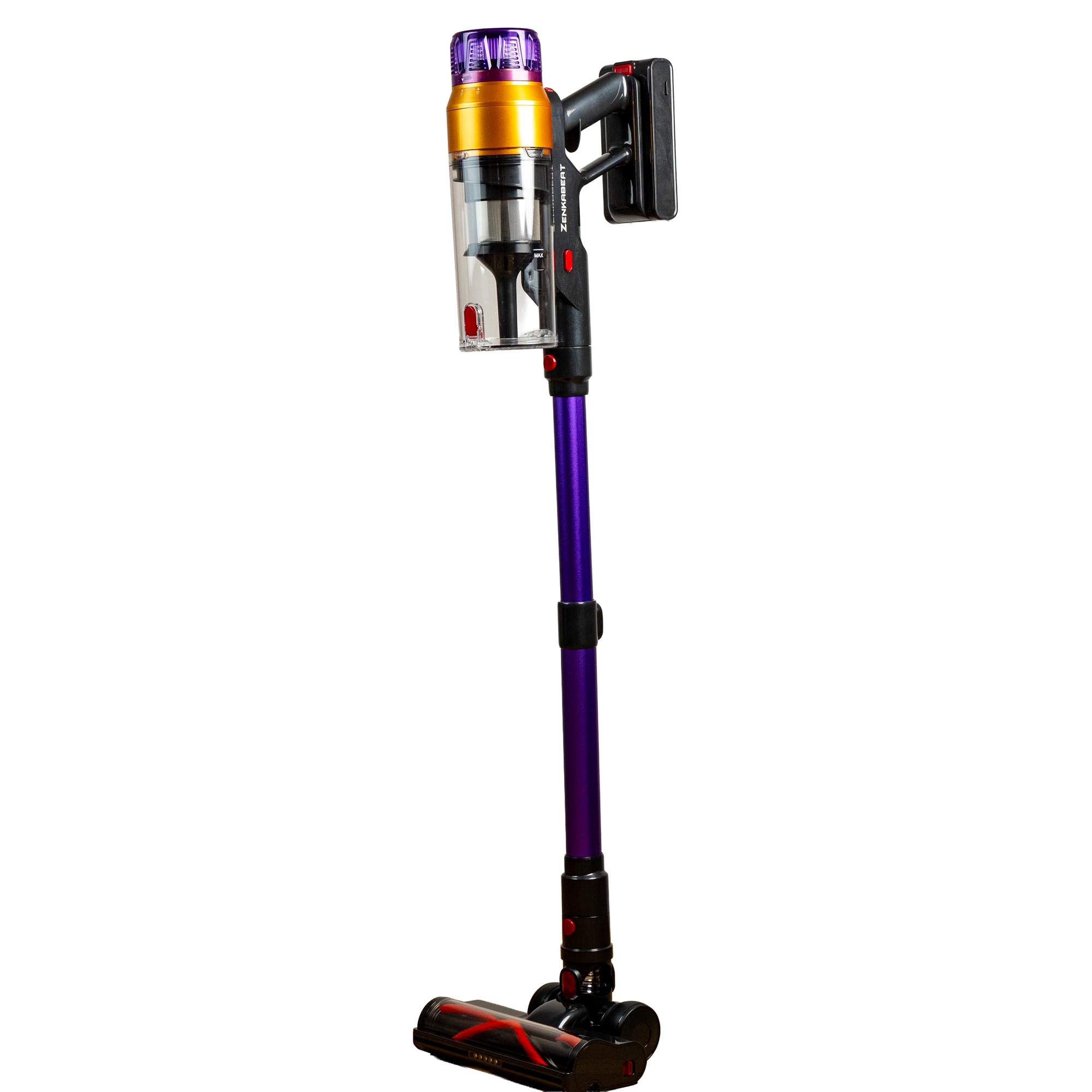 Aspirator vertical fara fir Zenkabeat XC400, 2in1: 400W Brushless, Baterie 17600 Mah, acumulator Li 29.6V, autonomie pana la 50 min, aspirator vertical sau de mana, Tub extensibil, Perie Led, rezervor praf 0.8 l, 30kPa, filtru HEPA, Negru/Violet