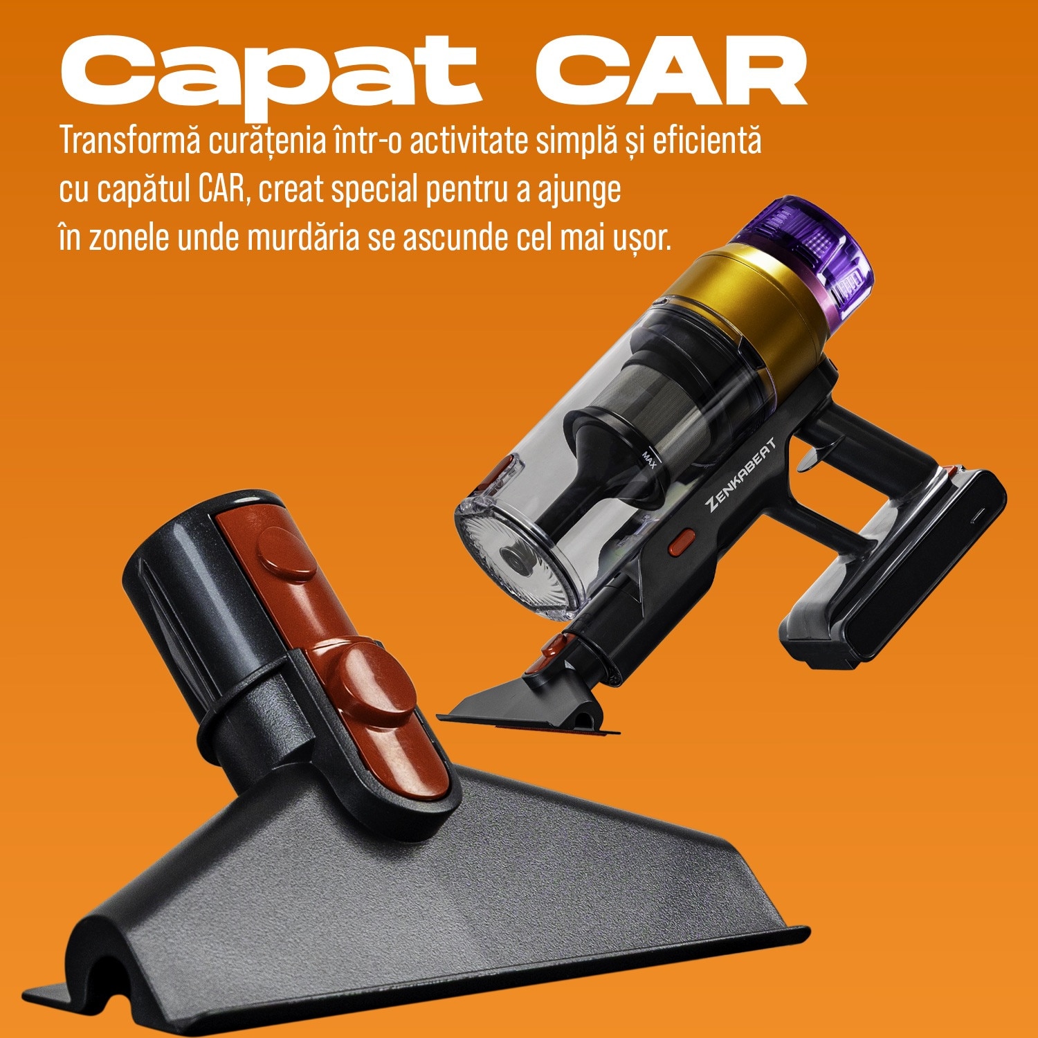 Aspirator vertical fara fir Zenkabeat XC400, 2in1: 400W Brushless, Baterie 17600 Mah, acumulator Li 29.6V, autonomie pana la 50 min, aspirator vertical sau de mana, Tub extensibil, Perie Led, rezervor praf 0.8 l, 30kPa, filtru HEPA, Negru/Violet
