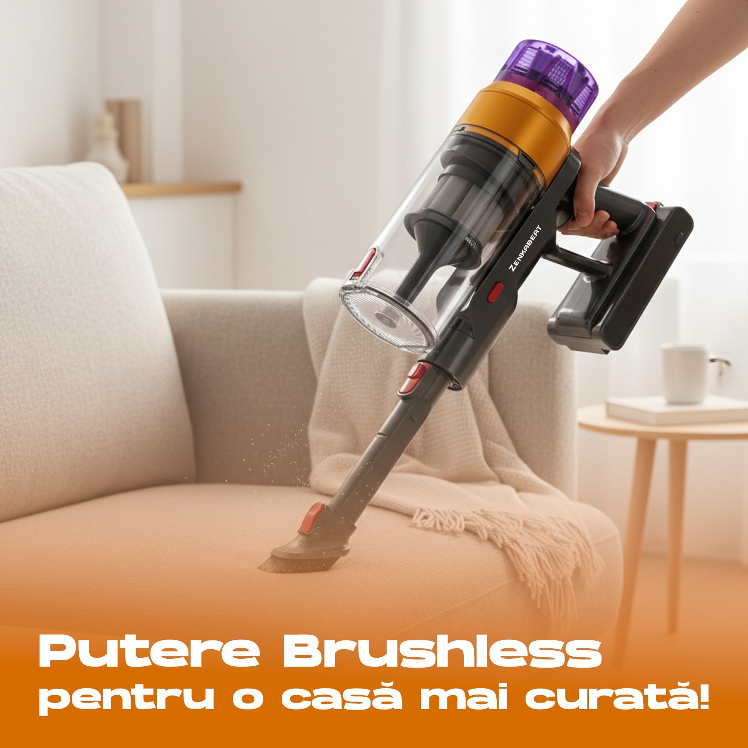 Aspirator vertical fara fir Zenkabeat XC400, 2in1: 400W Brushless, Baterie 17600 Mah, acumulator Li 29.6V, autonomie pana la 50 min, aspirator vertical sau de mana, Tub extensibil, Perie Led, rezervor praf 0.8 l, 30kPa, filtru HEPA, Negru/Violet