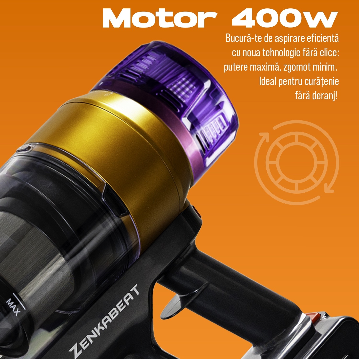 Aspirator vertical fara fir Zenkabeat XC400, 2in1: 400W Brushless, Baterie 17600 Mah, acumulator Li 29.6V, autonomie pana la 50 min, aspirator vertical sau de mana, Tub extensibil, Perie Led, rezervor praf 0.8 l, 30kPa, filtru HEPA, Negru/Violet