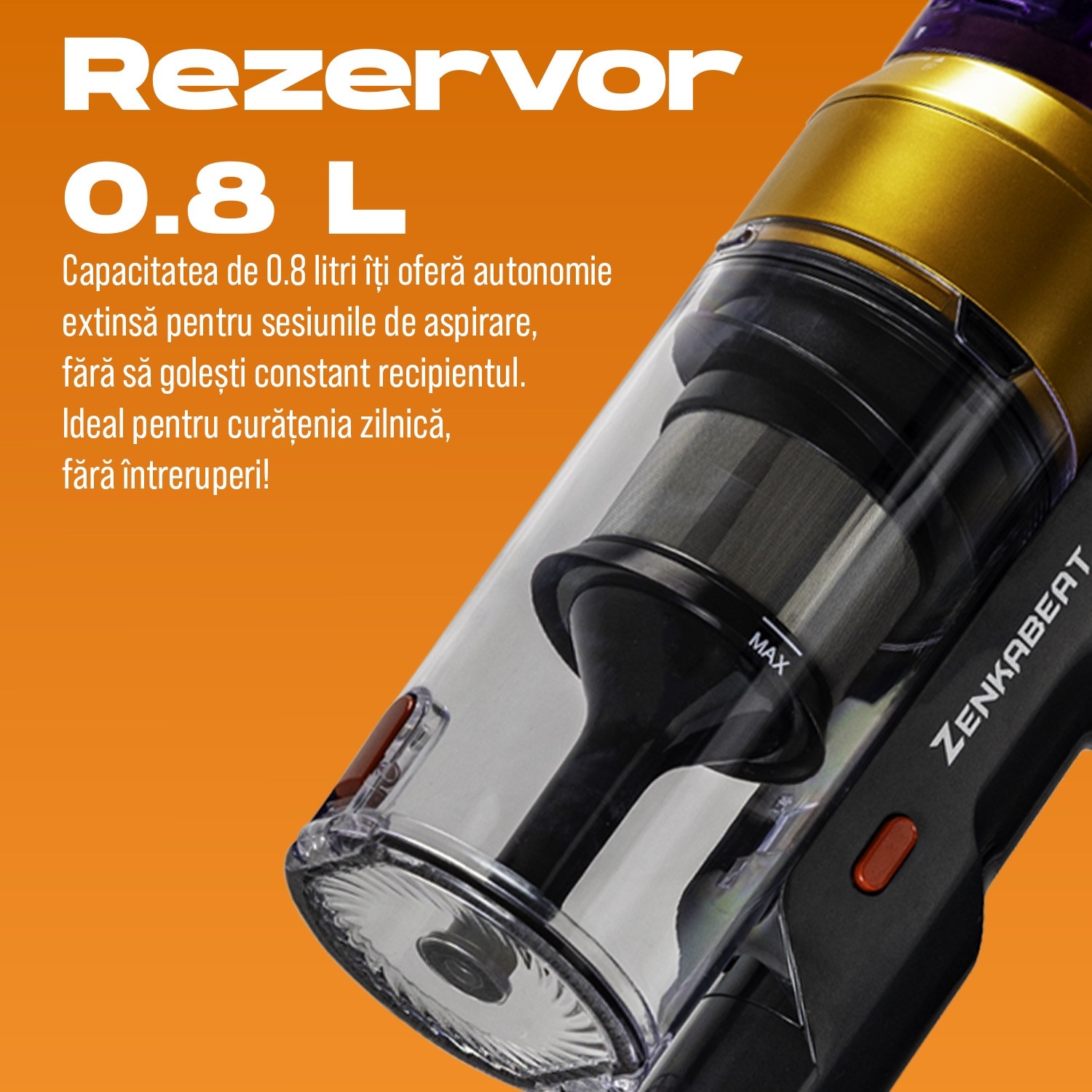 Aspirator vertical fara fir Zenkabeat XC400, 2in1: 400W Brushless, Baterie 17600 Mah, acumulator Li 29.6V, autonomie pana la 50 min, aspirator vertical sau de mana, Tub extensibil, Perie Led, rezervor praf 0.8 l, 30kPa, filtru HEPA, Negru/Violet
