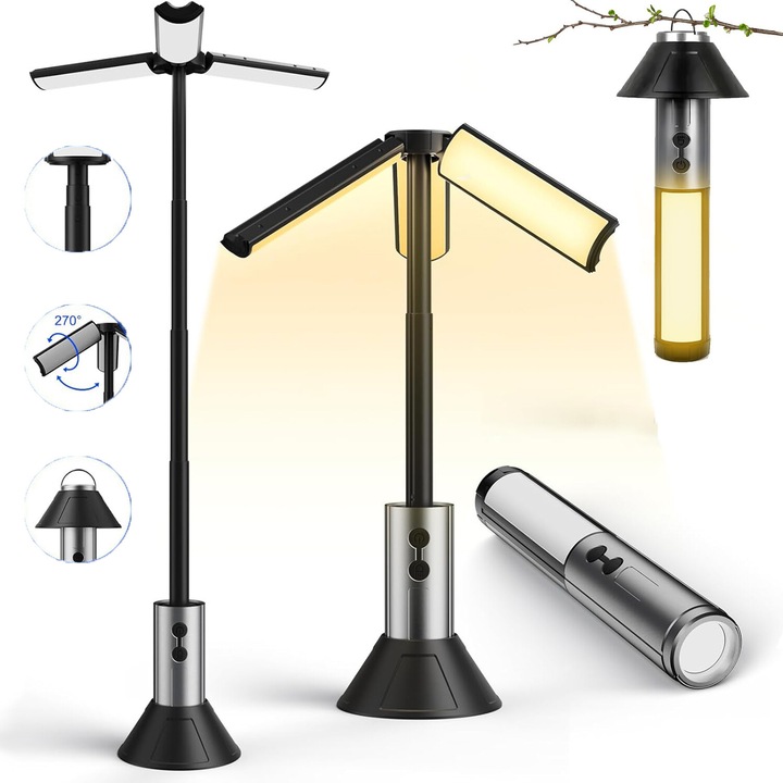 Lampa LED reincarcabila pentru camping, Bedee, Lampa de camping cu lanterna super luminoasa, Lampa multifunctionala de exterior, Lampa de cort IPX4, Lampa de camping cu trepied, Pliabila telescopica, Lampa suspendata de exterior, Accesorii de camping