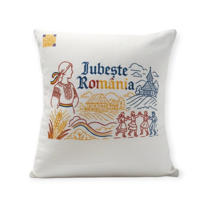 Perna decorativa cadou/suvenir, cod QR cu poveste audio „Iubeste Romania”, model 1, 40x40 cm