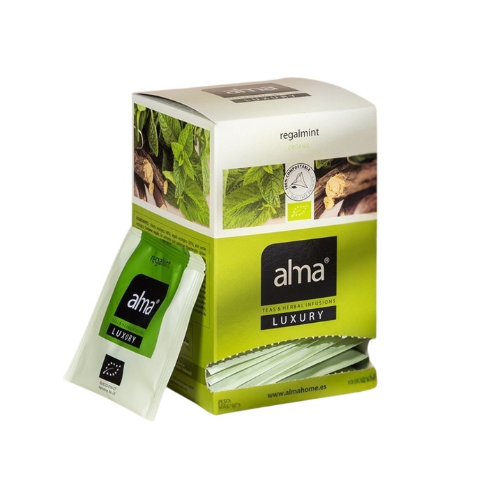 Ceai bio 20 plicuri Alma Teas, Luxury, Regalmint, provenit din culturi 100% organice, surse sustenabile, efect revigorant, adjuvant digestiv, menta, lemn dulce, anason verde, gust echilibrat, 40 g